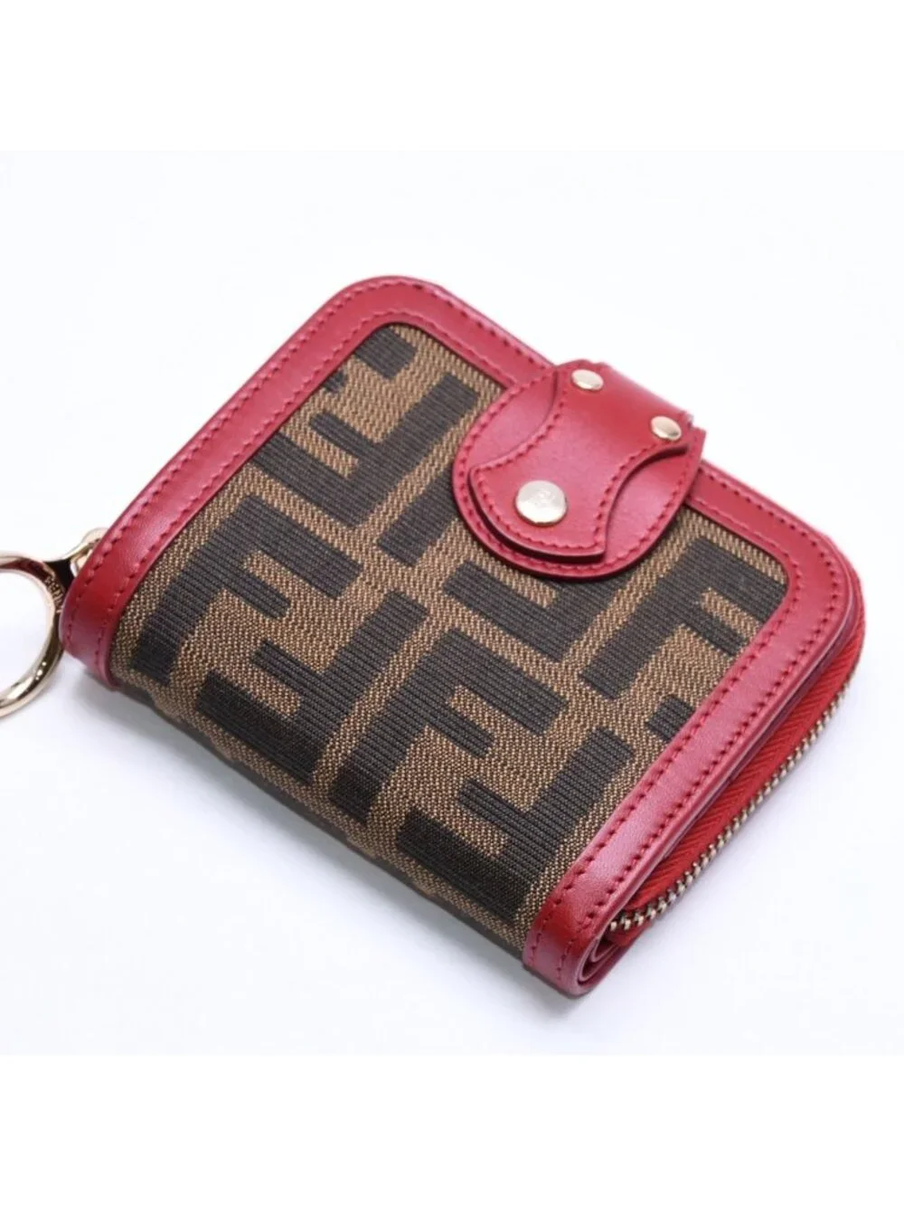 Fendi Compact Wallet Bifold Zucca Pattern Canvas Leather Brown Red Gold